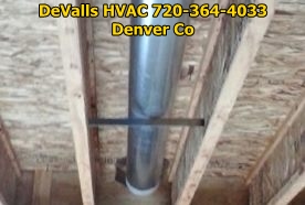 Showing 6 inch pipe with pipe hanger and 4x10x6 angle boot in-between floor joist